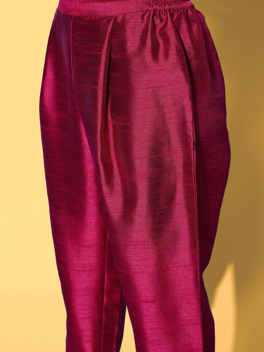Ahalyaa Women's Wine Colour Poly Silk Gold Paste Printed Kurta Pant Set | Grocsy