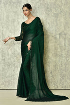 Dark Green Silk Solid Saree With Blouse Piece - Purvi | Grocsy