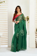 Vastranavya Green Digital Printed Linen Ready To Wear Designer Saree with Unstitched Blouse | Grocsy