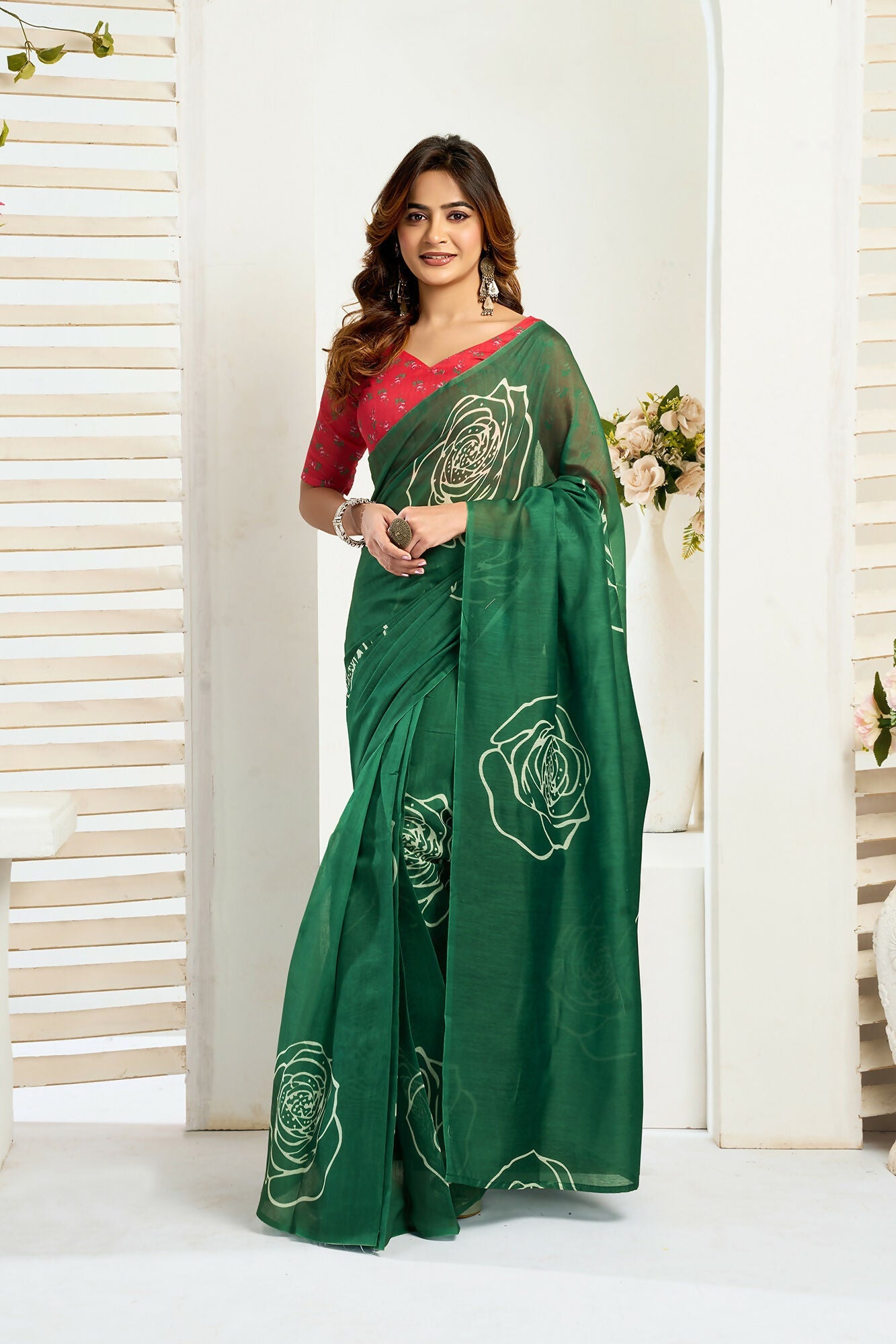 Vastranavya Green Digital Printed Linen Ready To Wear Designer Saree with Unstitched Blouse | Grocsy