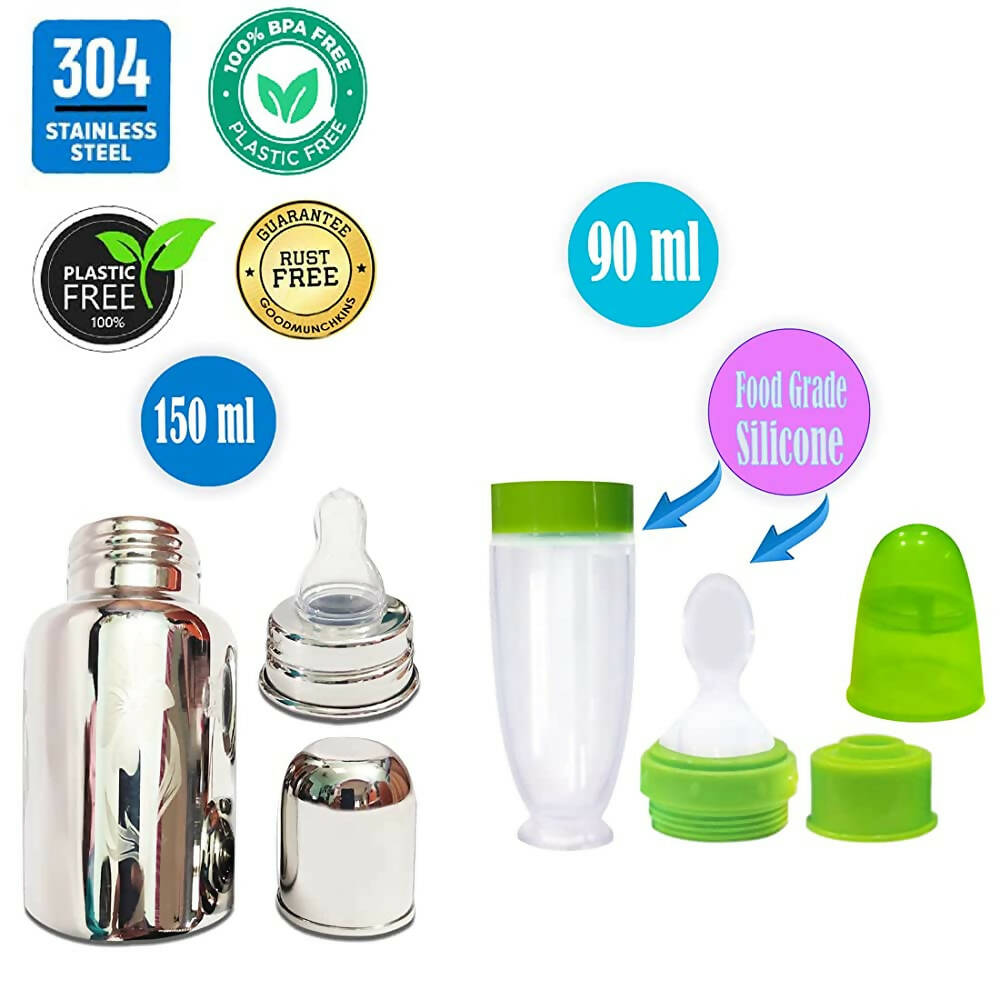 Goodmunchkins Stainless Steel Feeding Bottle With Spoon Food Feeder for Baby Anti Colic Silicon Nipple Feeder 150 ml Combo Pack-Green | Grocsy
