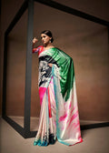Green Satin Digital Printed Saree with Unstitched Blouse Piece - Jodha | Grocsy