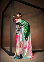 Green Satin Digital Printed Saree with Unstitched Blouse Piece - Jodha | Grocsy
