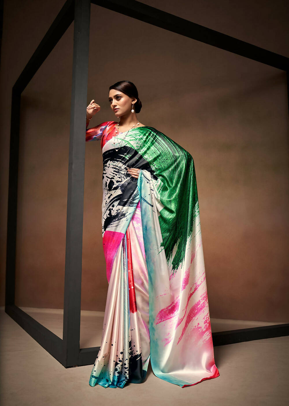 Green Satin Digital Printed Saree with Unstitched Blouse Piece - Jodha | Grocsy