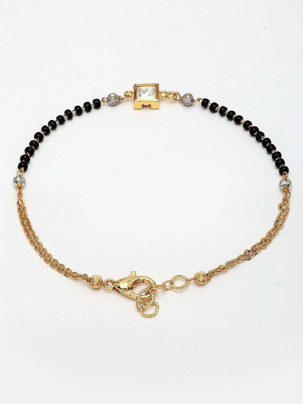 NVR Women Gold-Polished & Black Brass Stone-Studded Hand Mangalsutra Link Bracelet | Grocsy