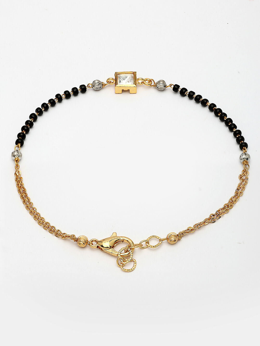 NVR Women Gold-Polished & Black Brass Stone-Studded Hand Mangalsutra Link Bracelet | Grocsy