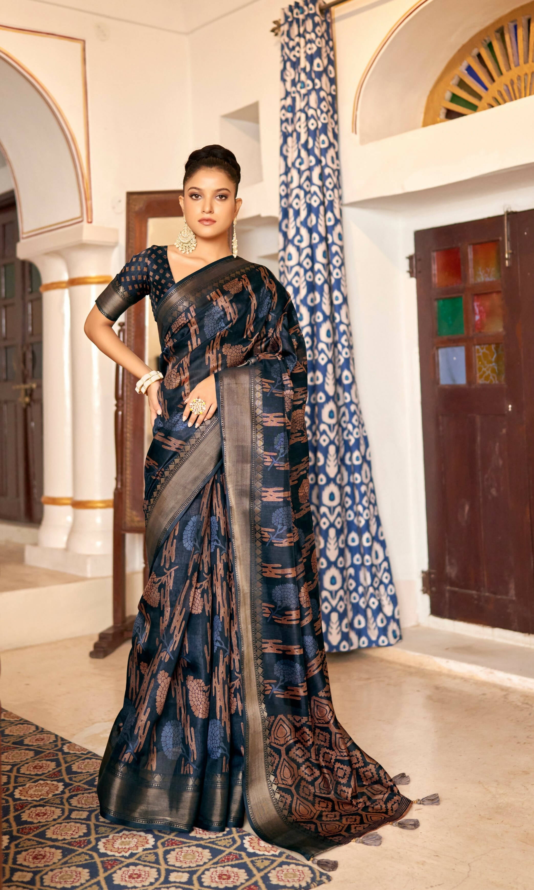 Navy Blue Patta Poly Cotton Floral Printed Saree With Unstitched Blouse Piece - Shades | Grocsy