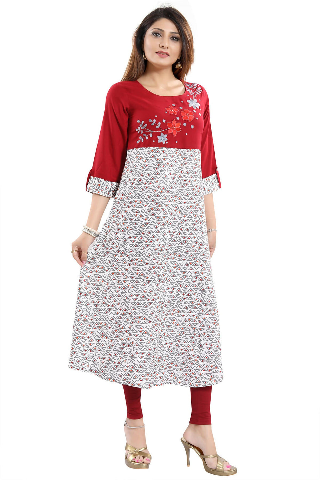 Snehal Creations Magnificent Maroon Rayon Printed Flared Long Tunic | Grocsy