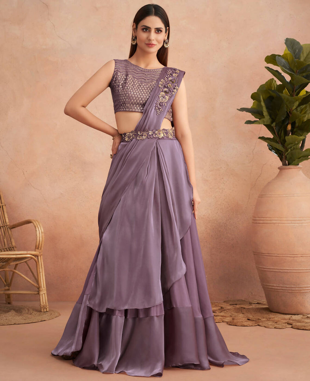 Purple Satin Embroidered Ready To Wear Saree With Unstitched Blouse Piece - Nandika | Grocsy