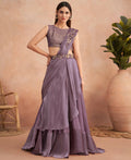 Purple Satin Embroidered Ready To Wear Saree With Unstitched Blouse Piece - Nandika | Grocsy