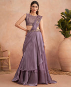 Purple Satin Embroidered Ready To Wear Saree With Unstitched Blouse Piece - Nandika | Grocsy