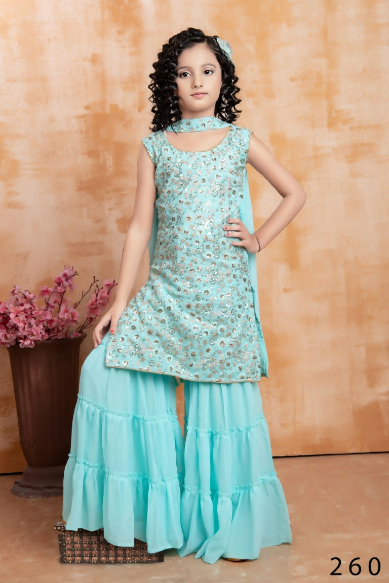 Kids Wedding Designer Sky Fox Georgette Sharara Suit - Aaradhna | Grocsy