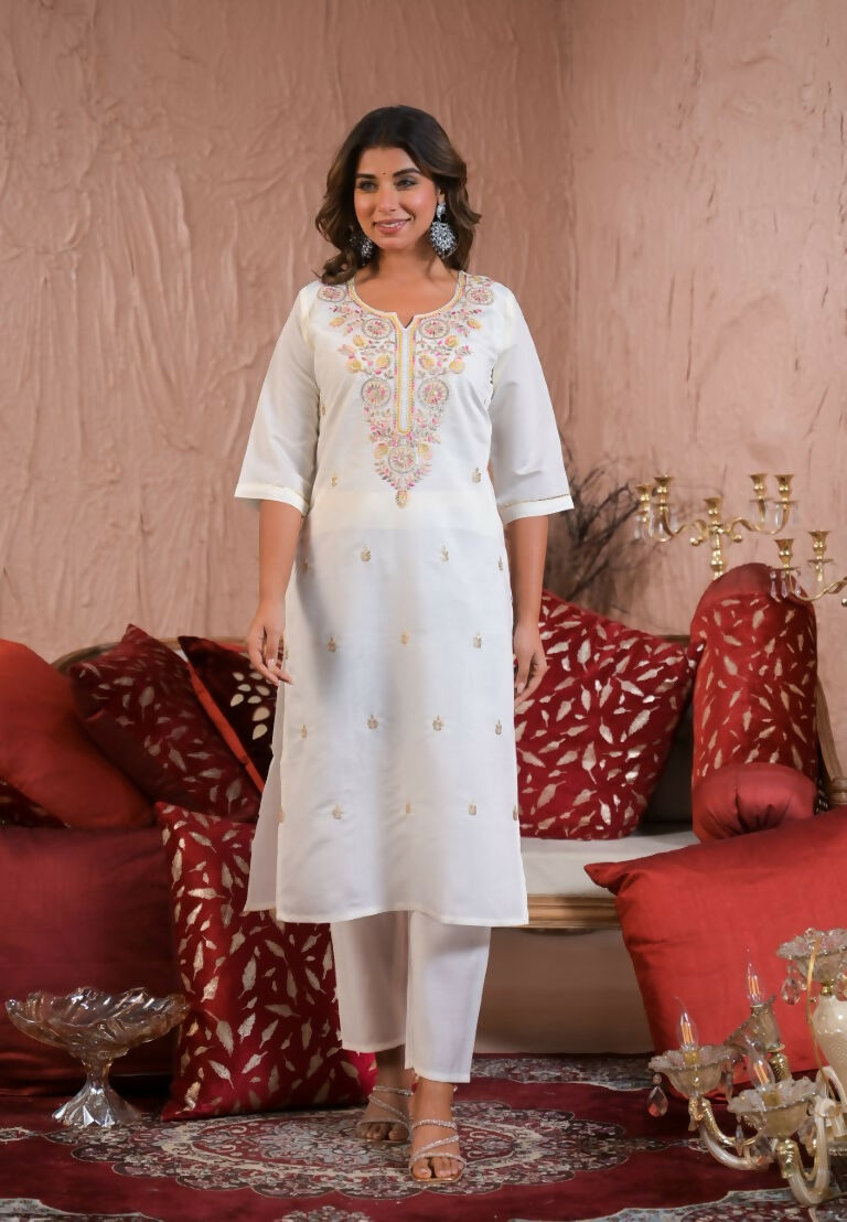 Ethnic Festive Wear Viscose Chanderi Off White Stitched Suit With Dupatta - Tanisha | Grocsy