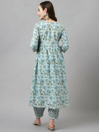 FIORRA Women's Sky Blue Pure Cotton Flared Kurta Set | Grocsy