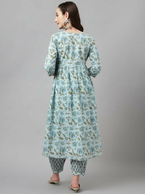 FIORRA Women's Sky Blue Pure Cotton Flared Kurta Set | Grocsy