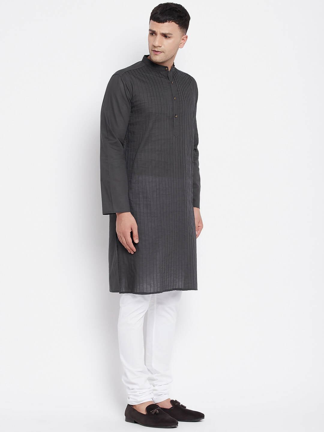 Even Apparels Grey Pure Cotton Men's Kurta With Band Collar | Grocsy