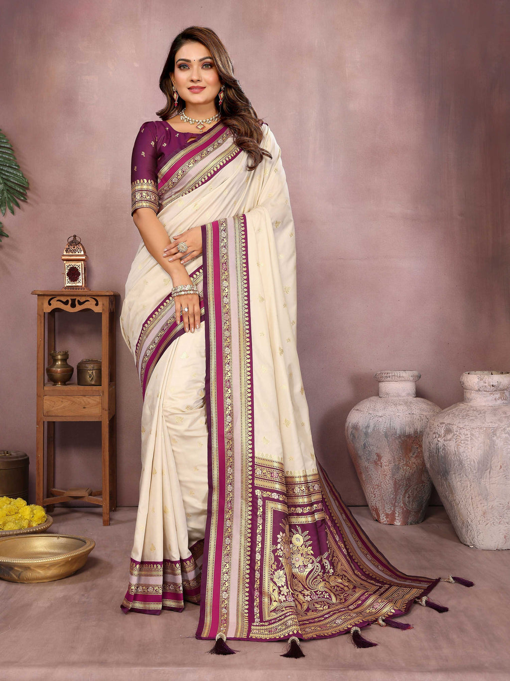 Aastha Fashion Cream Kalamkari Silk Weaving Saree | Grocsy