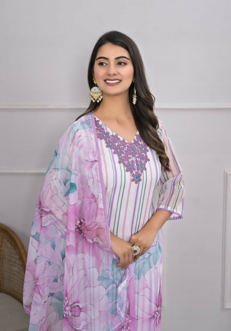 White Viscose Silk Embroidery with Thread and sequence Stitched Suit With Dupatta - Tanisha | Grocsy