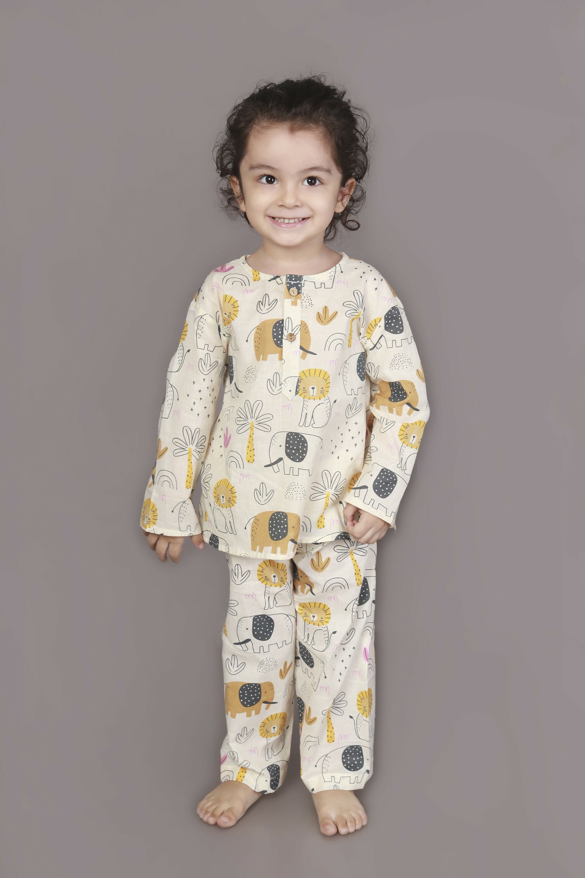 Breathables White Animal Print Cotton Nightsuit Set | Boys & Girls Kids Sleepwear | Grocsy