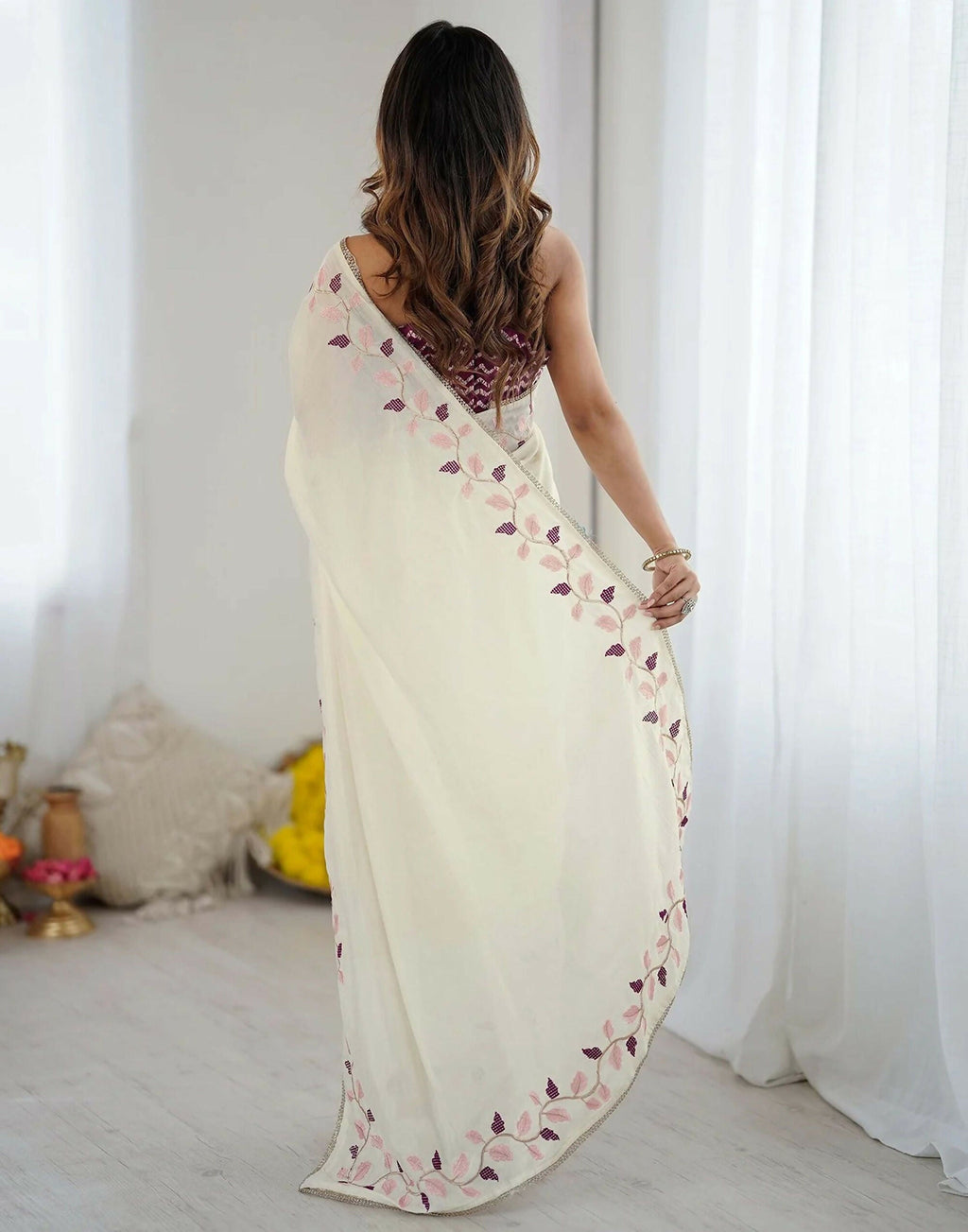Joban Fashion Silk Off White Color Embroidery Saree | Grocsy