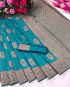 DEIANA'S Beautiful Designer Golden zari Soft Lichi Silk Saree - Blue | Grocsy