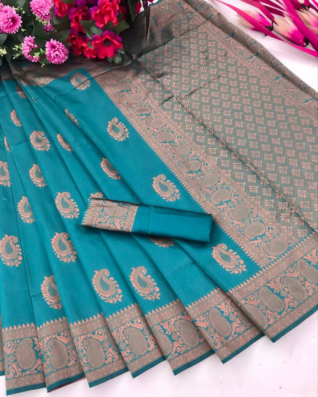DEIANA'S Beautiful Designer Golden zari Soft Lichi Silk Saree - Blue | Grocsy