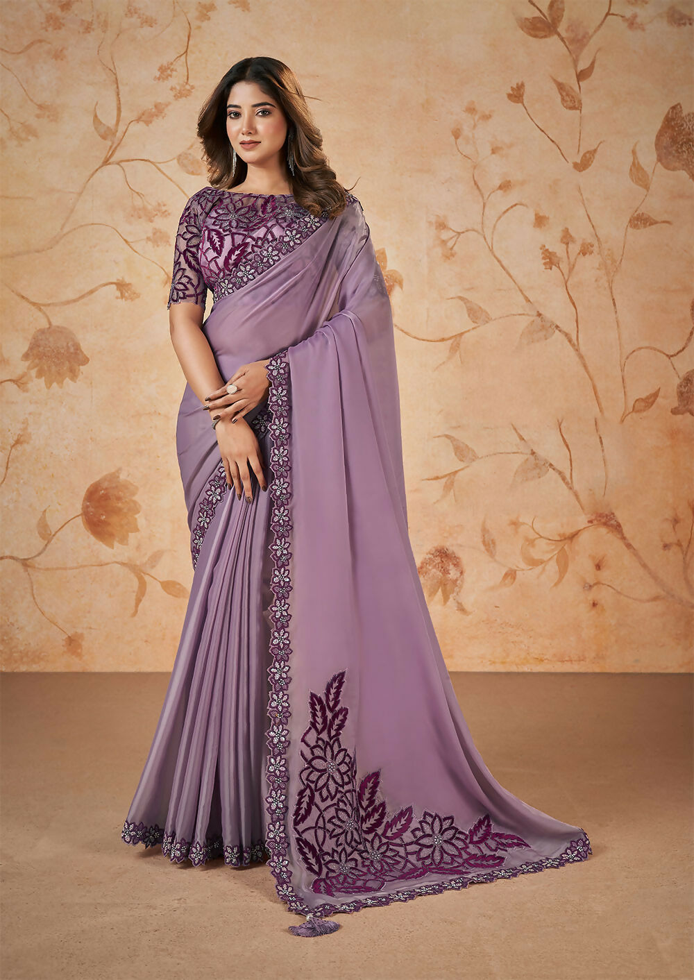 Purple Crepe Satin Silk Sequence & Cord Embroidered with Stone Work Saree - Mohmanthan Dakshika | Grocsy