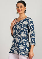 Aavyora Women's Navy Blue & White Floral Printed Tunic | Grocsy