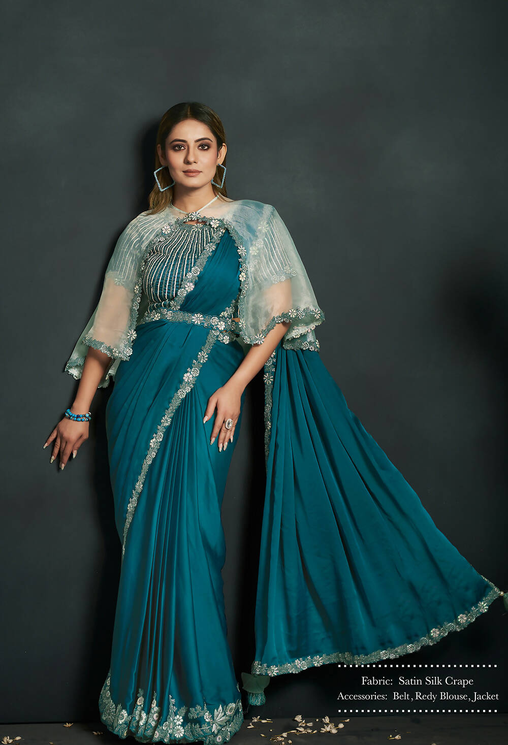 Blue Satin Silk Crepe Cord Sequence & Thread Embroidered & Stone Work Saree - Moh-Manthan Royal Enigma | Grocsy