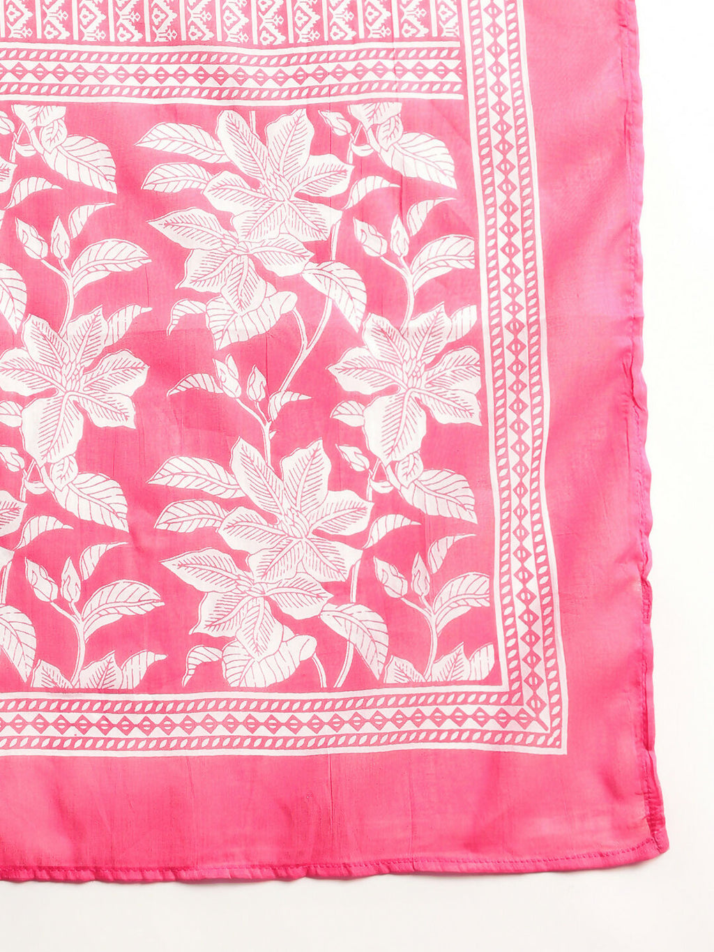 Aavyora Women's Pink Floral Cotton Kurta with Lace Detailing, with Trouser & Dupatta | Grocsy