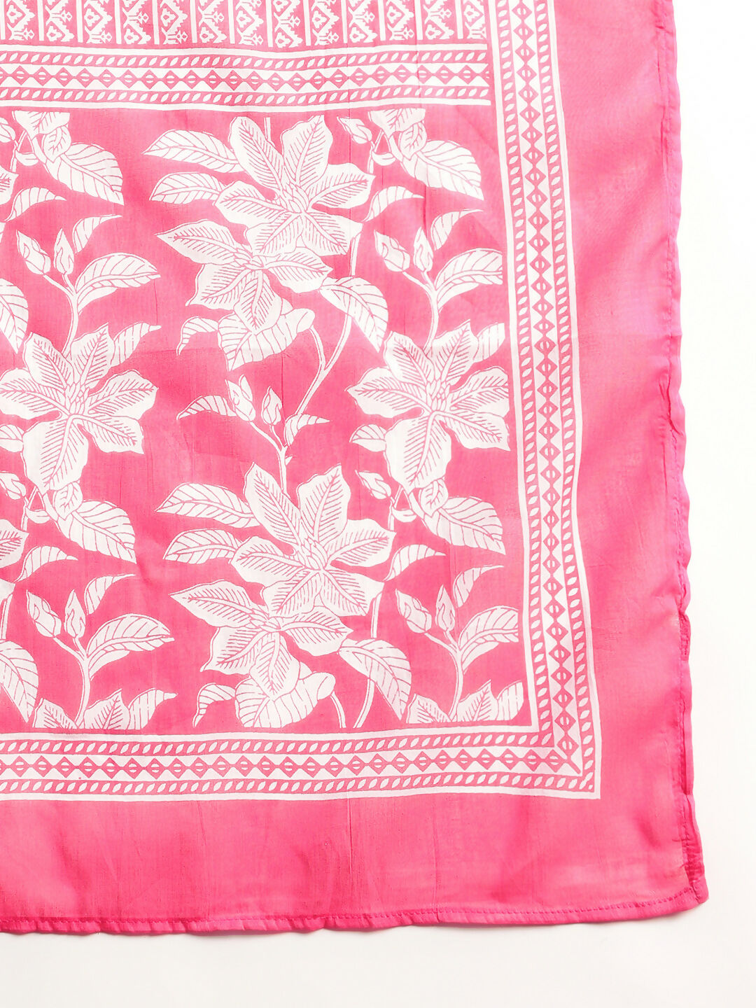 Aavyora Women's Pink Floral Cotton Kurta with Lace Detailing, with Trouser & Dupatta | Grocsy