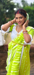 Exclusive Collection Beautiful Parrot Green Jaal Jamdani Saree | Grocsy