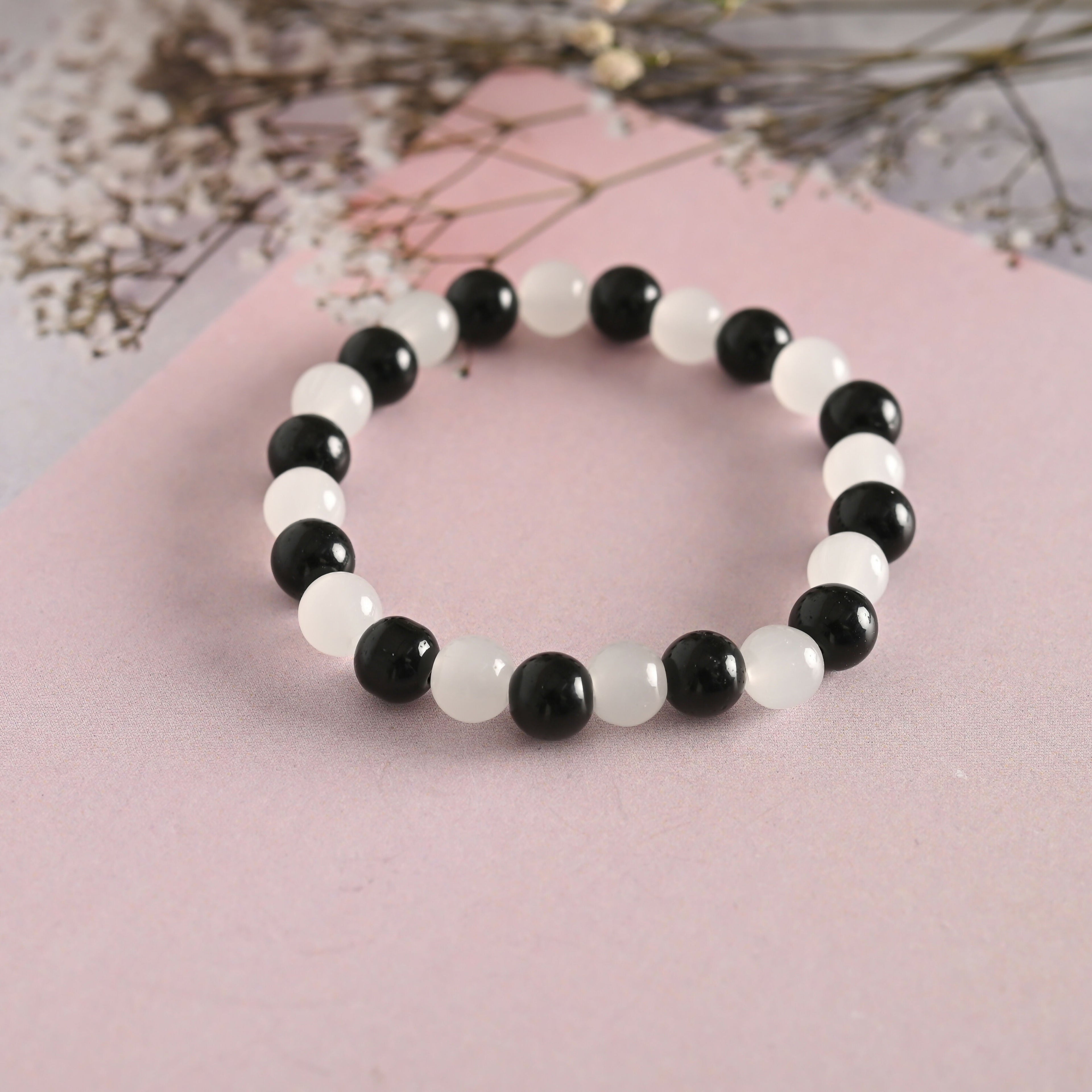 NVR Men & Women White Marble Crystal Beaded Elasticated Bracelet | Grocsy
