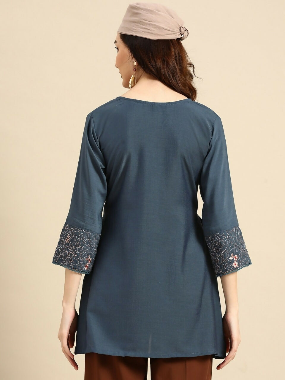 Women's Turquoise Blue Viscose blend Embroidered Short Top - Marina | Grocsy