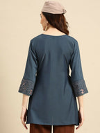 Women's Turquoise Blue Viscose blend Embroidered Short Top - Marina | Grocsy