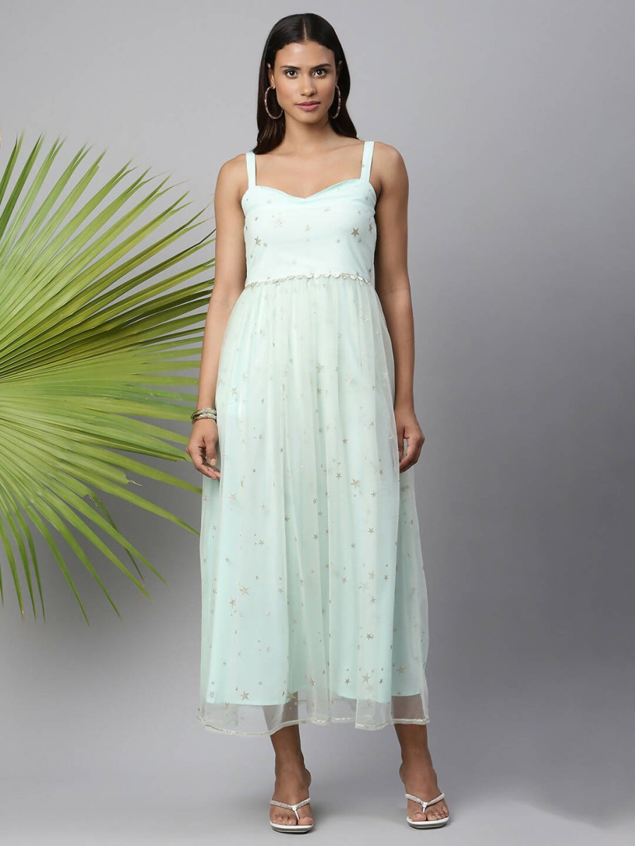 Ahalyaa Women Summer Blue Net Glitter Printed Dress | Grocsy