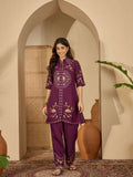 Joban Fashion Women Purple Roman Silk Embroidered Stitched Kurta Set | Grocsy