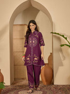 Joban Fashion Women Purple Roman Silk Embroidered Stitched Kurta Set | Grocsy