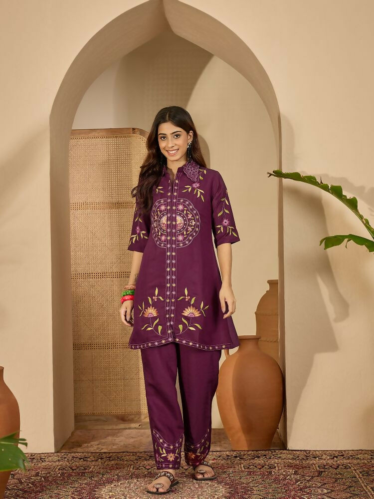 Joban Fashion Women Purple Roman Silk Embroidered Stitched Kurta Set | Grocsy