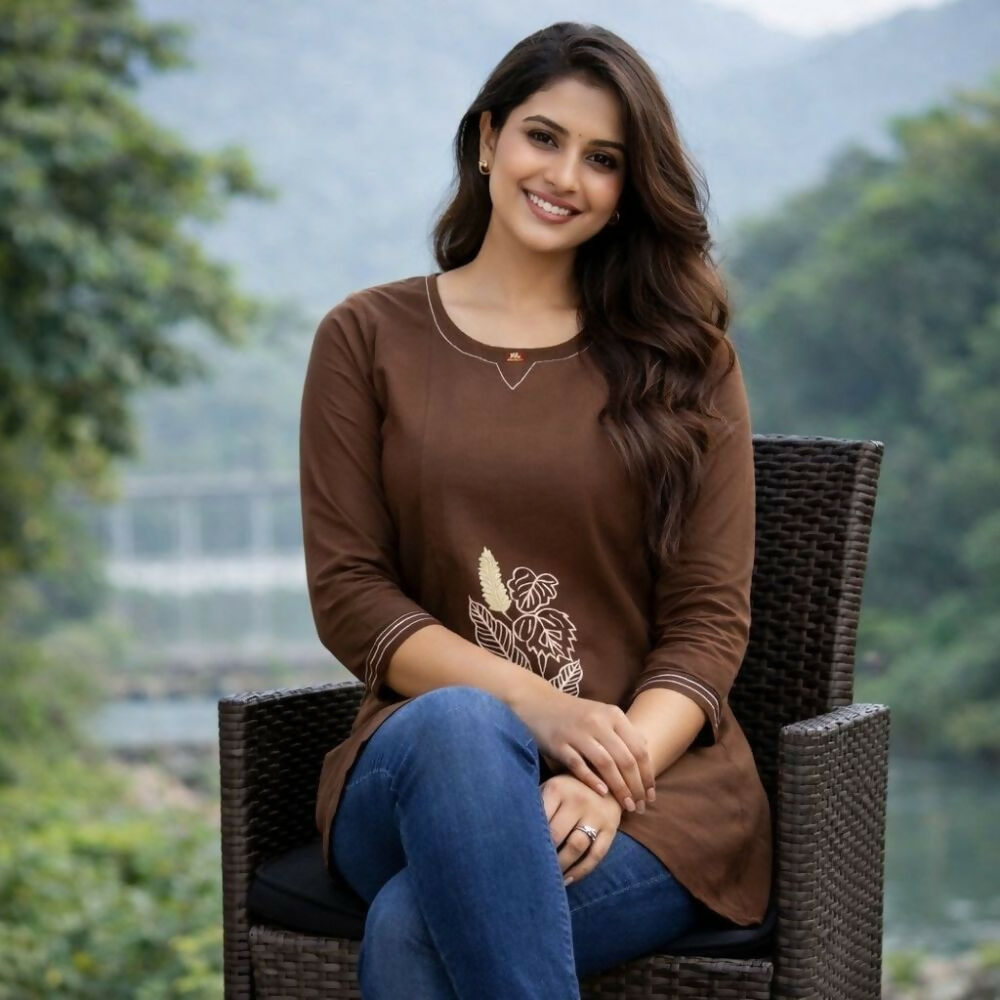 Teeya Creation Womens New Latest Cotton Brown Floral Embroidered Short Kurti | Grocsy