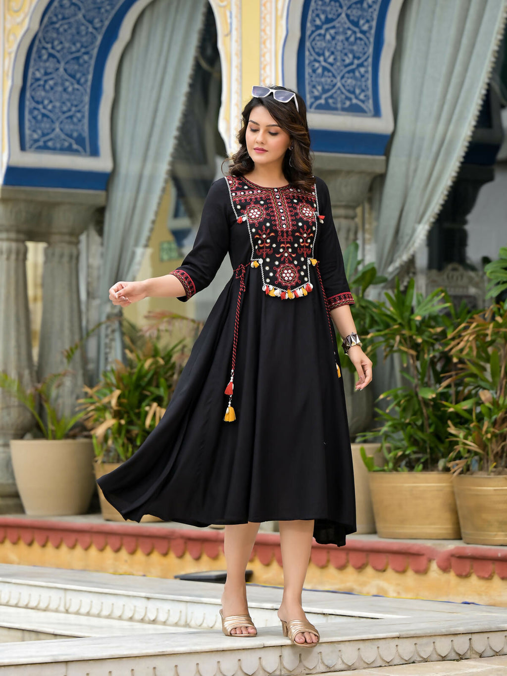 Juniper Women's Black Thread Embroidered Liva Rayon A-Line Dress With Tassel Kaudis & Doris At Waist | Grocsy
