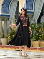 Juniper Women's Black Thread Embroidered Liva Rayon A-Line Dress With Tassel Kaudis & Doris At Waist | Grocsy