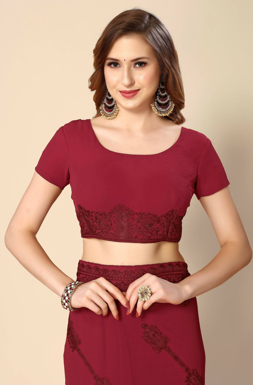 Maroon Georgette Embroidered and Stone Work Saree with Unstitched Blouse Piece - Roozal | Grocsy