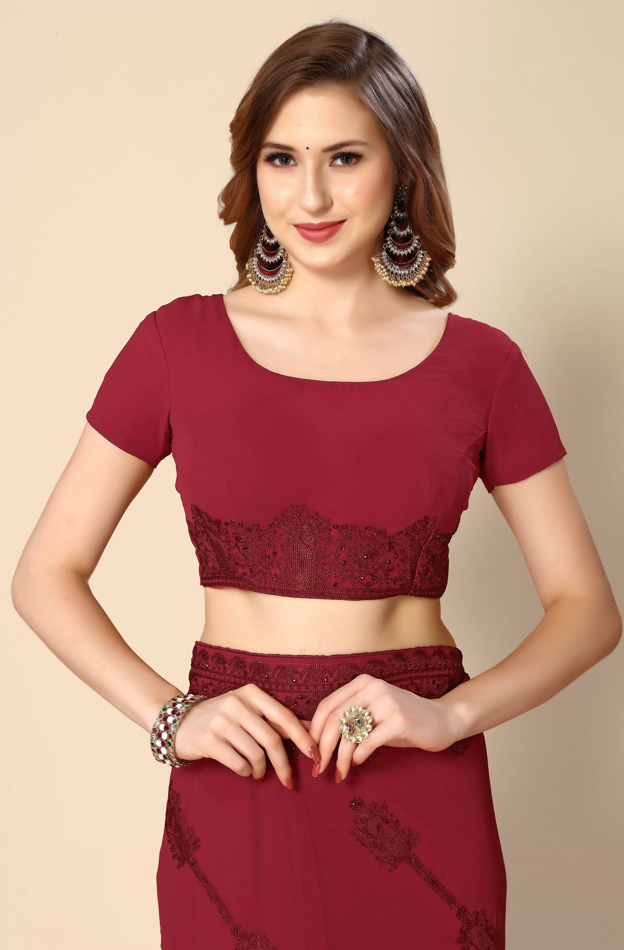 Maroon Georgette Embroidered and Stone Work Saree with Unstitched Blouse Piece - Roozal | Grocsy