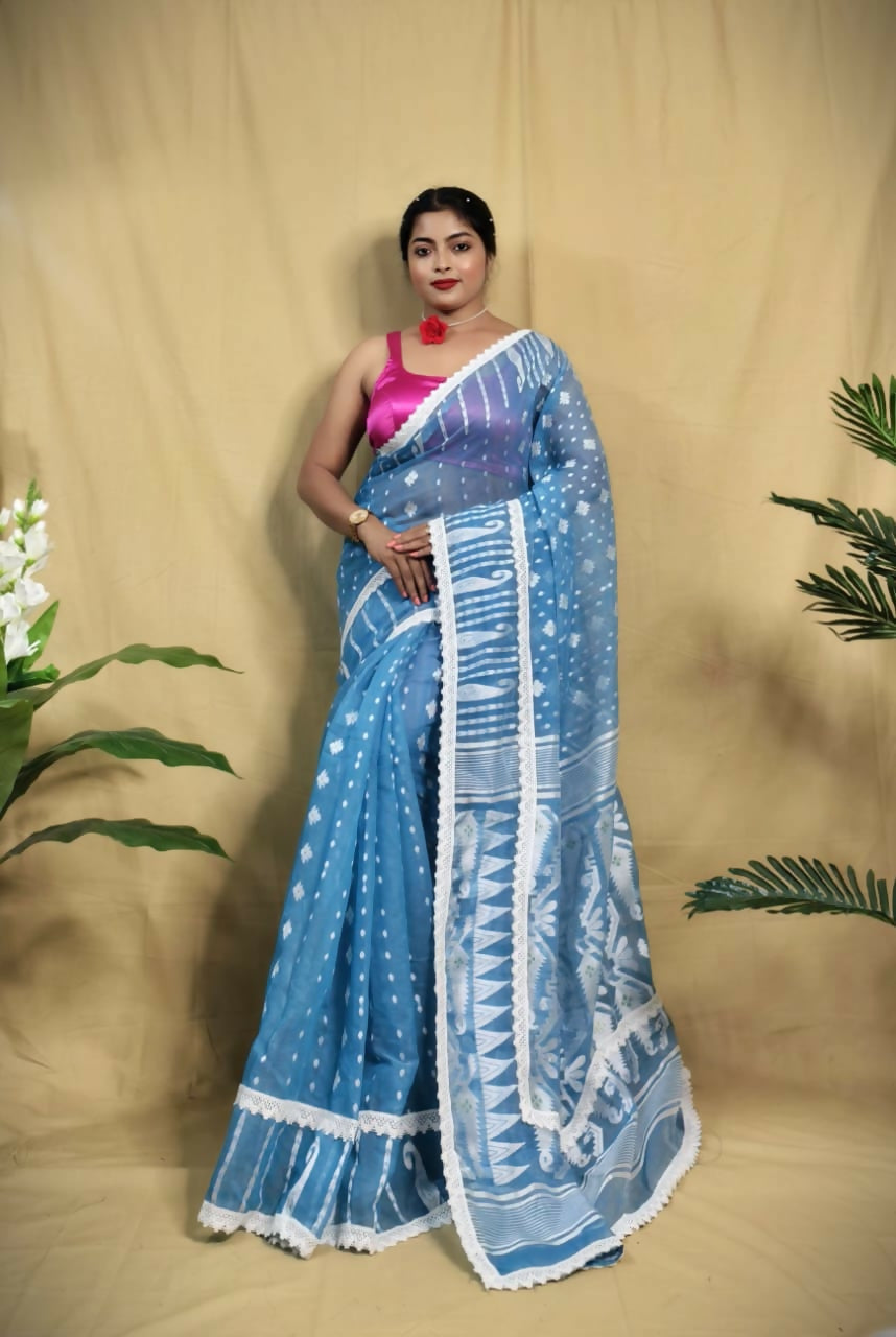 Exclusive Collection Beautiful Light Blue Jaal Jamdani Saree | Grocsy