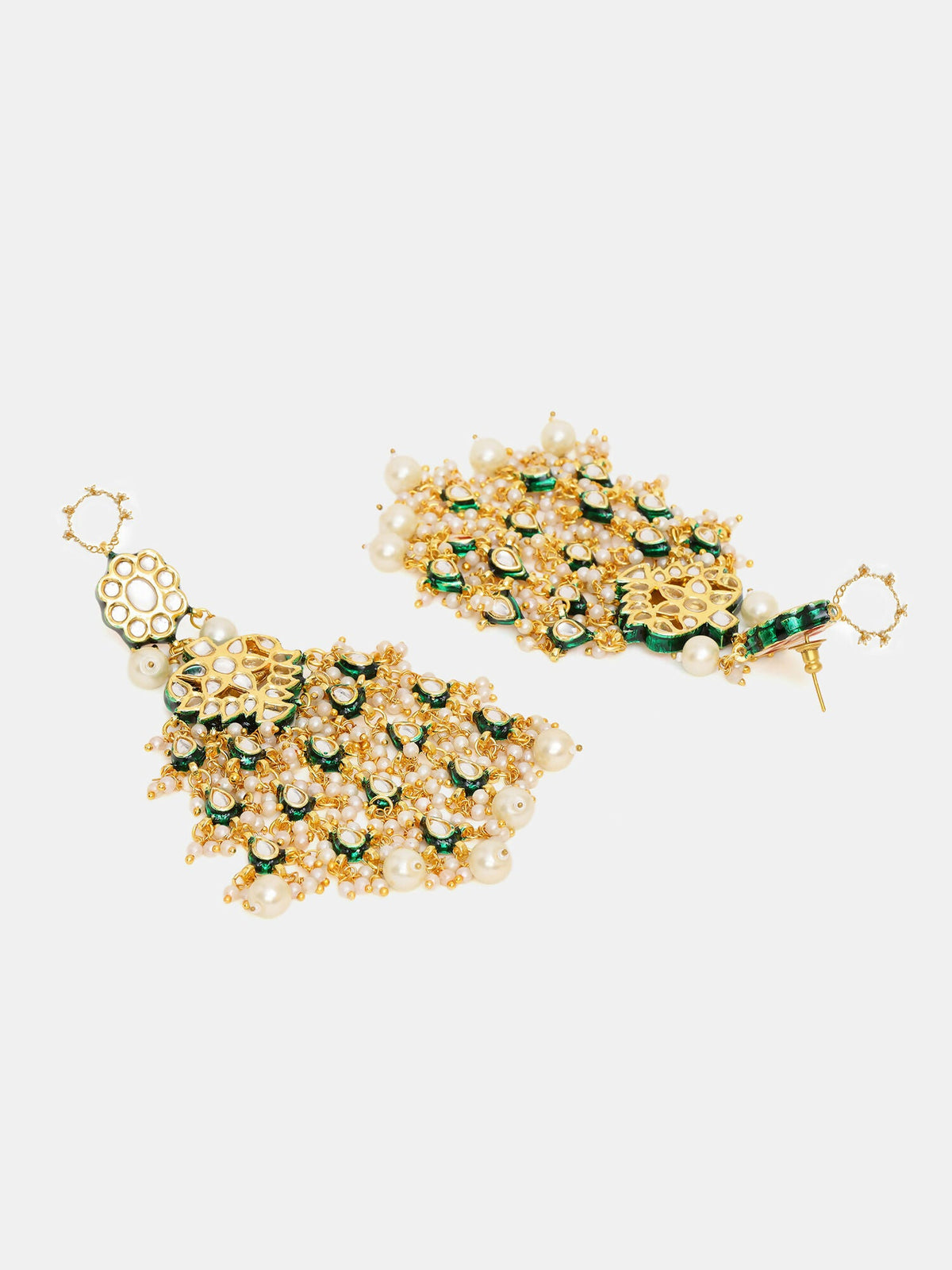 Ruby Raang 22k Gold Polished Kundan Chand Earrings With Ear Chains | Grocsy