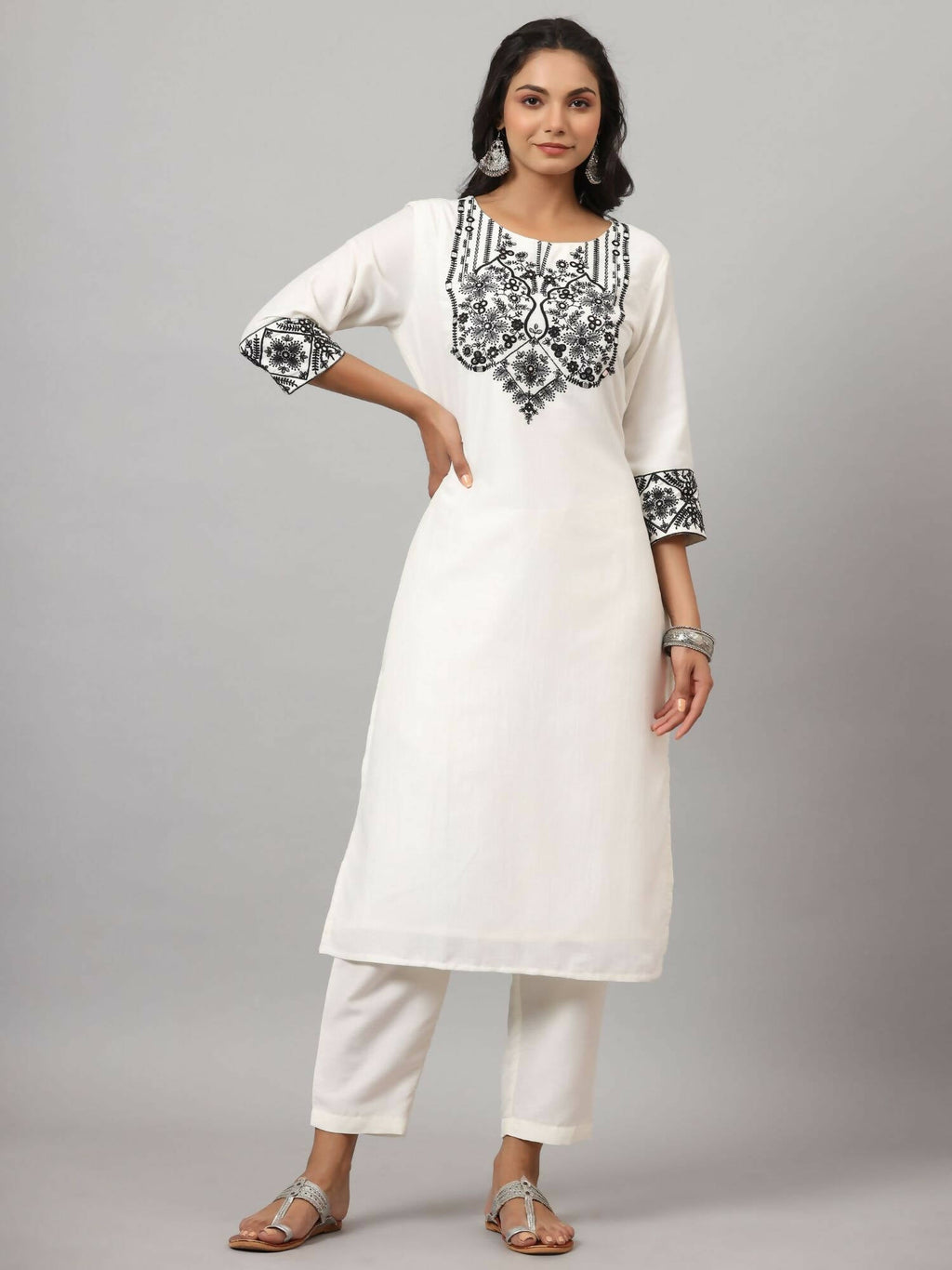 Juniper Women's White Chinnon Solid Embroidered Kurta Set | Grocsy