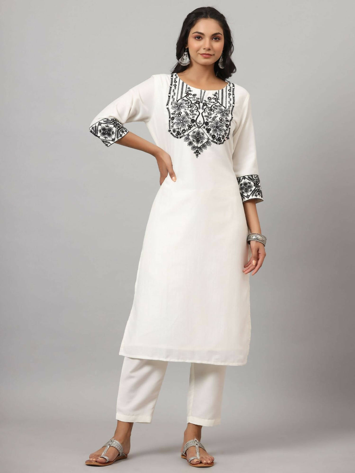 Juniper Women's White Chinnon Solid Embroidered Kurta Set | Grocsy