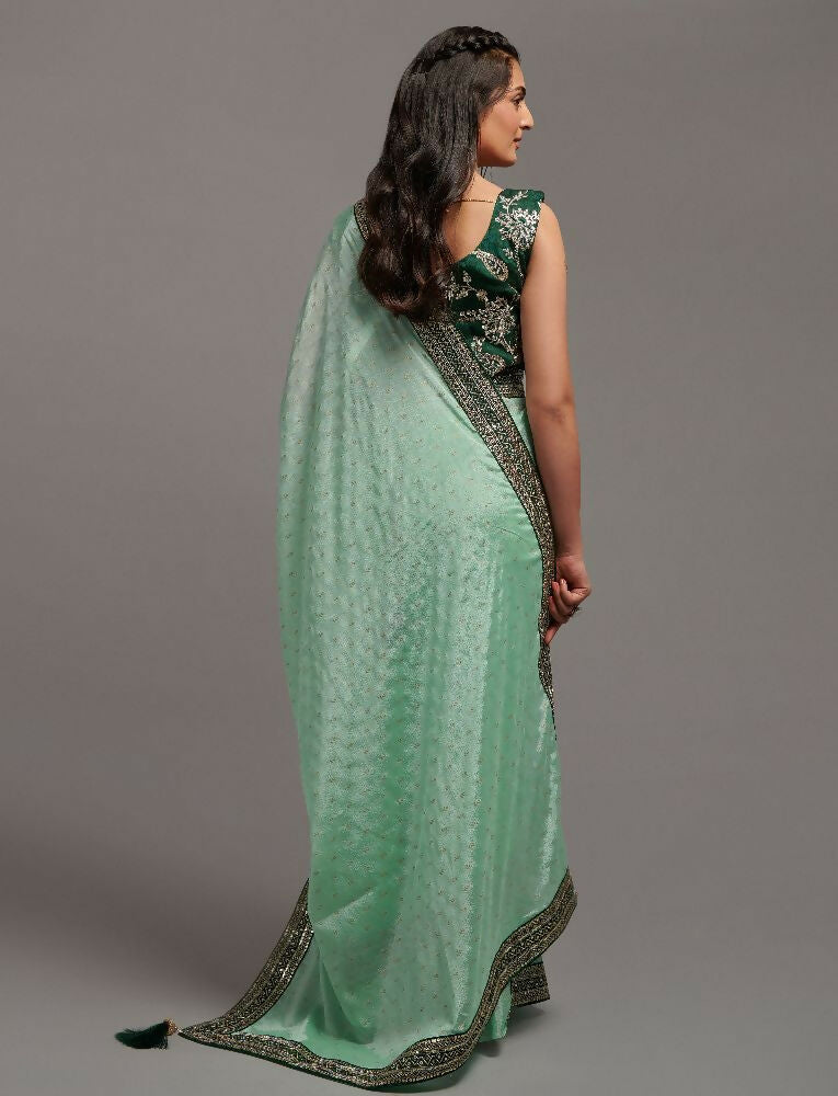PR Fashion Pista Chinon Embroidery Lace Saree | Grocsy