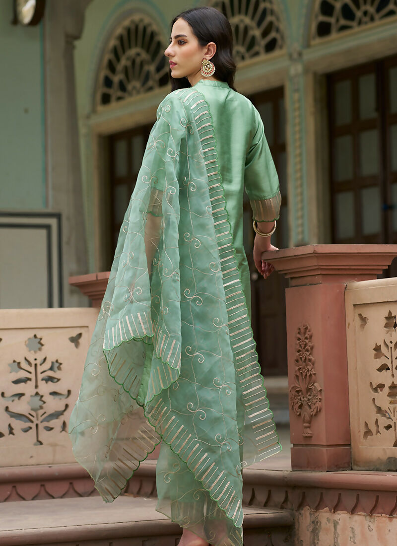 Vellora Pista Green Silk Blend Embroidery Work Ready-to-Wear Salwar Suit | Grocsy
